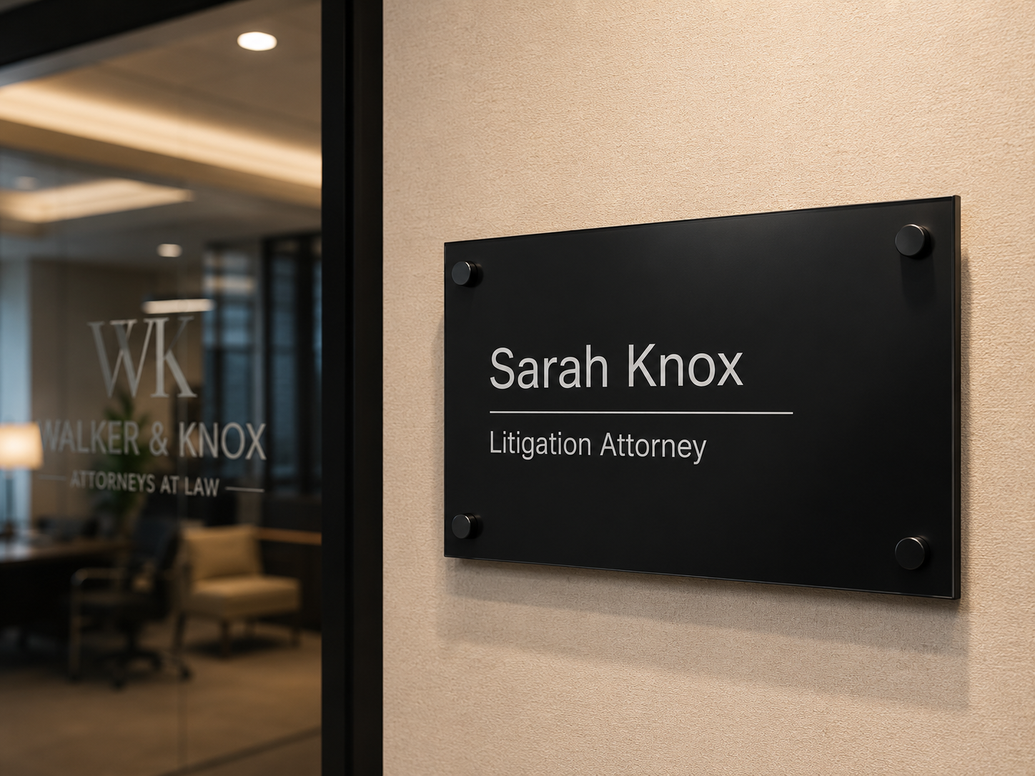 Law firm hallway and room plaques
