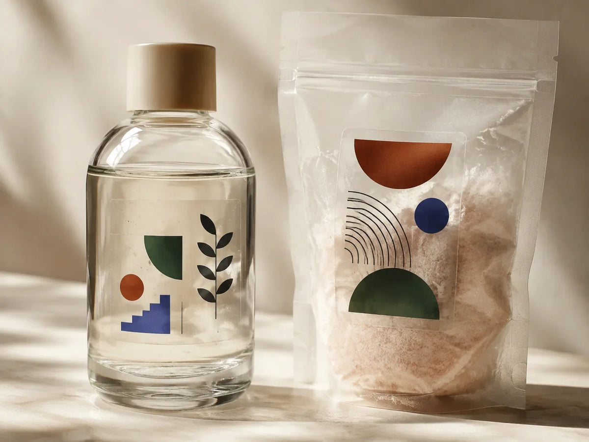 Transparent clear stickers on glass packaging in a premium studio setting