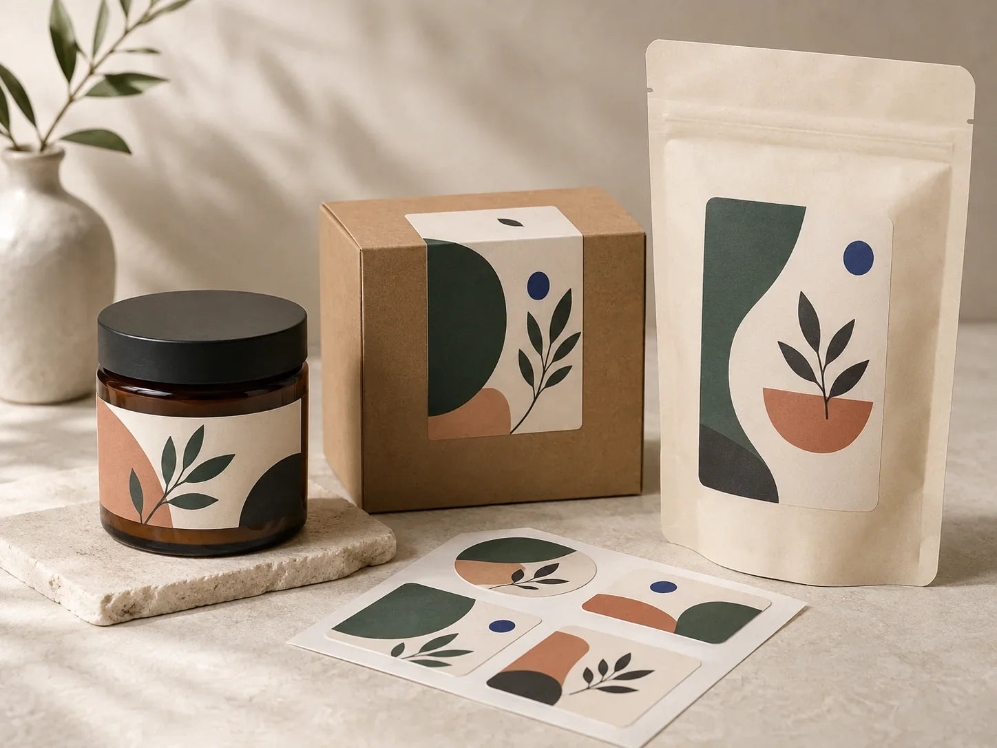 Custom product and packaging labels on boxes jars and paper bags