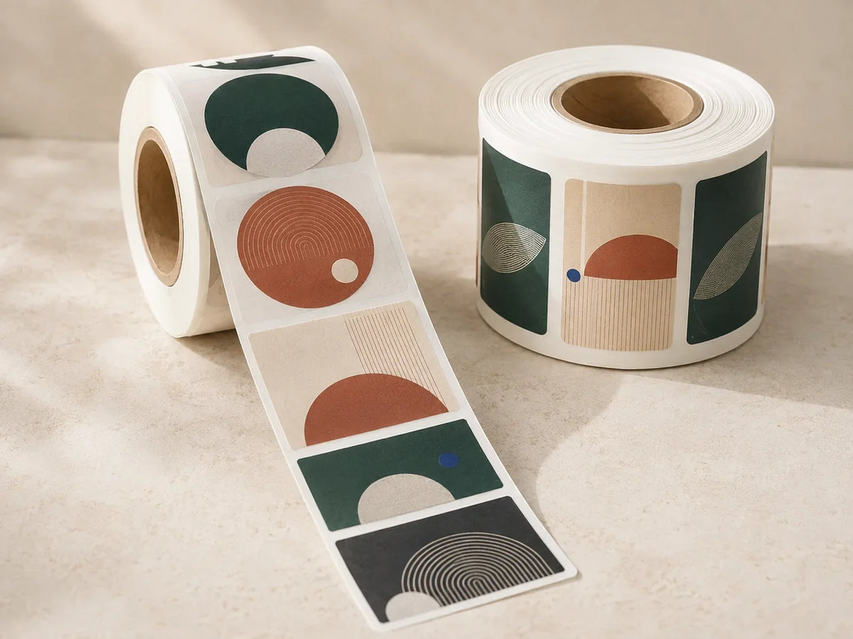 Roll of custom printed labels beside branded packaging