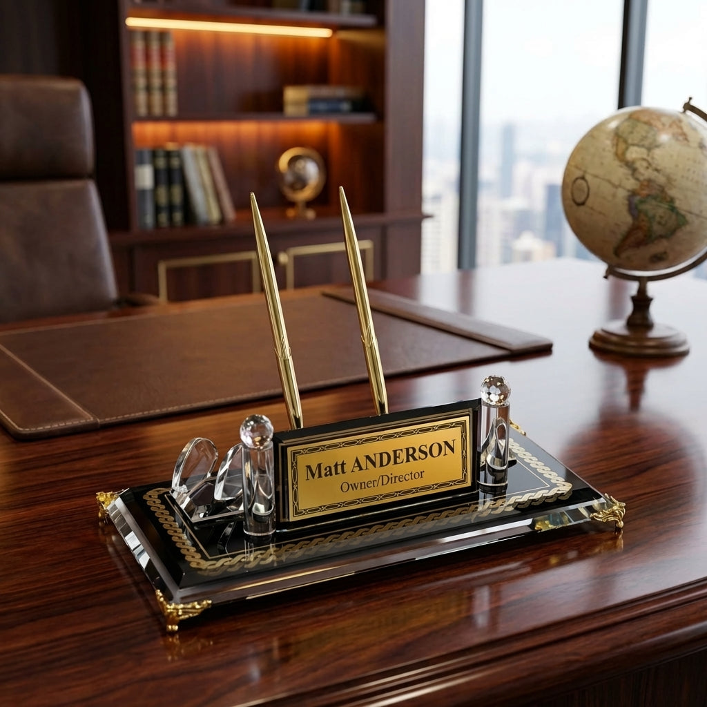 Black glass desk name plate set on a desk