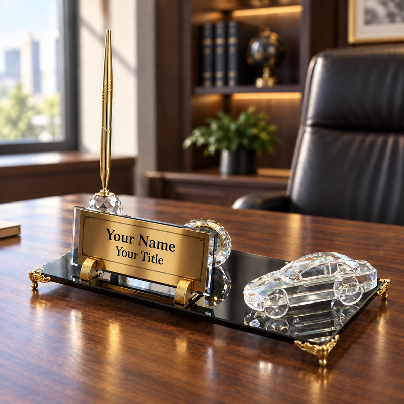 Personalized Crystal Desk Name Plate with Pen Holder and Crystal Car