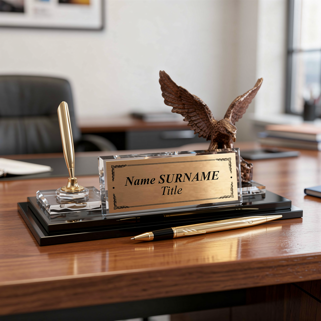 Crystal desk name plate with eagle statue, engraved gold plate