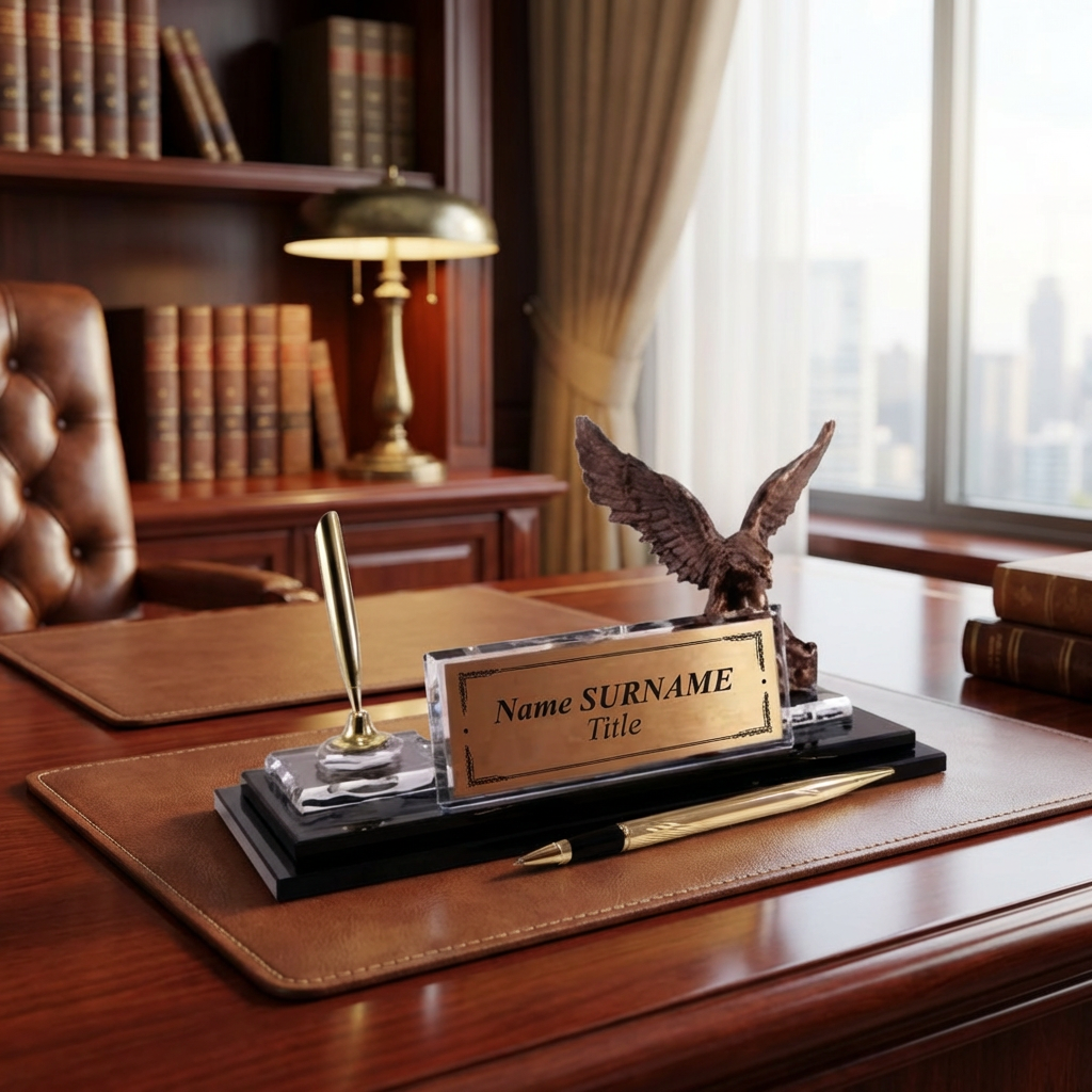 Crystal desk name plate with gold eagle statue on an executive desk