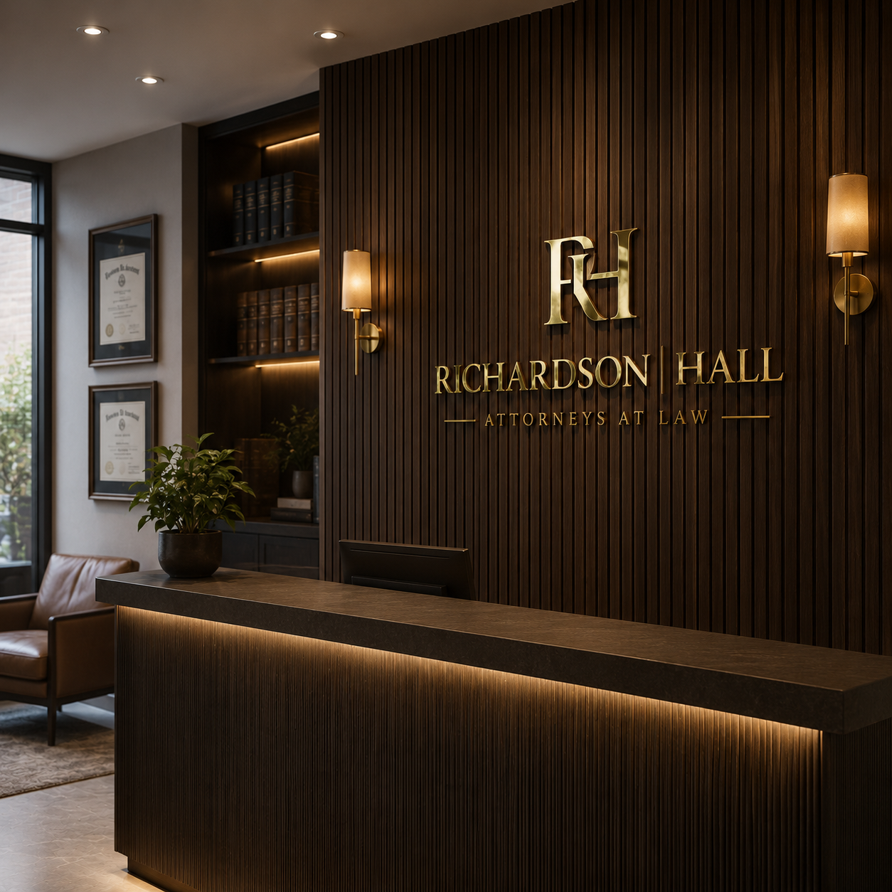 Law firm reception logo wall sign