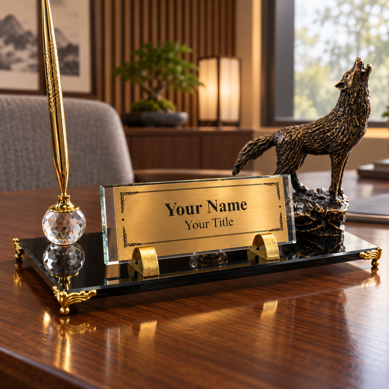 Personalized Crystal Desk Name Plate with Pen Holder and Wolf Statue