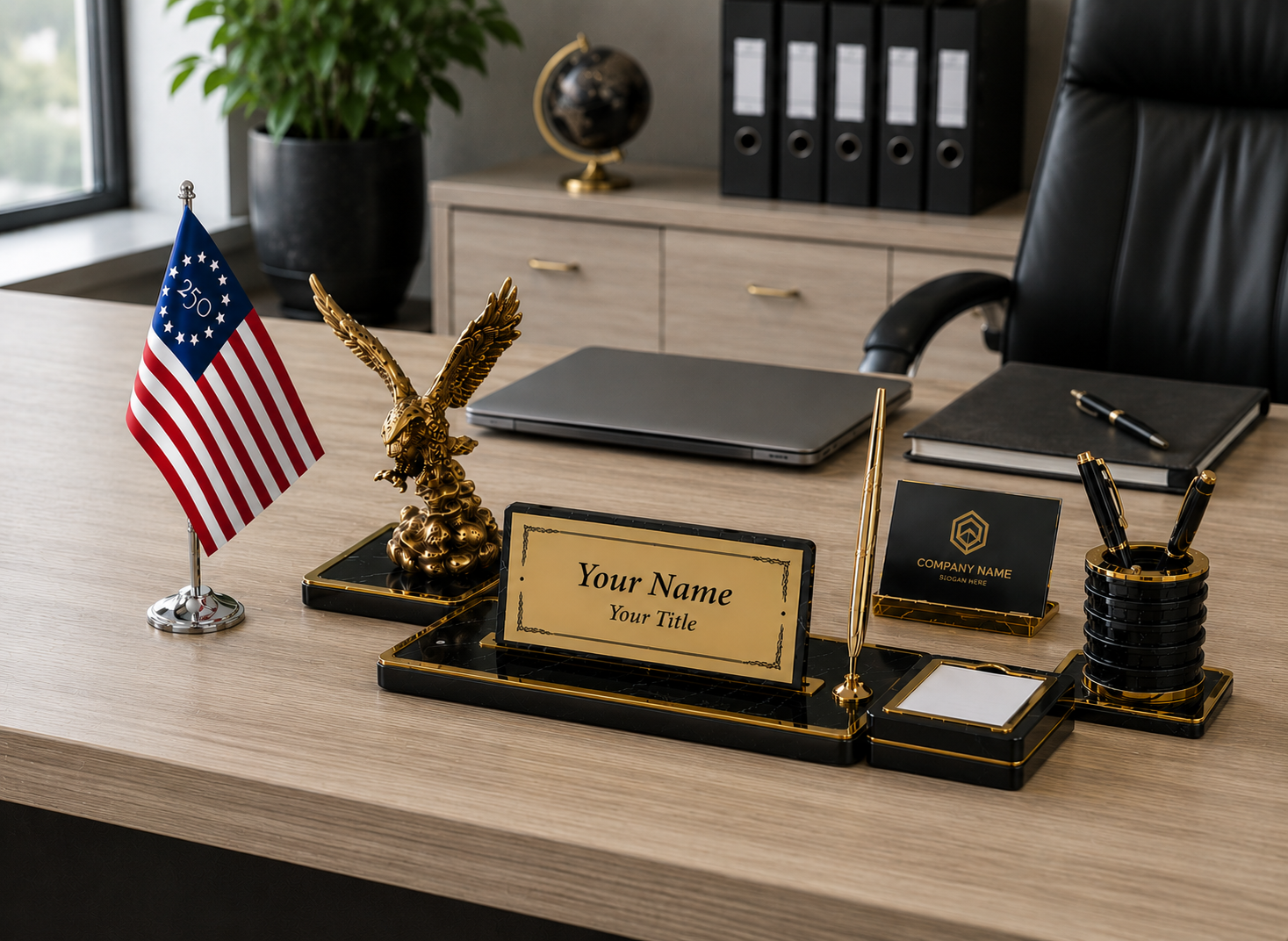 Marble desk set with engraved name plate, eagle statue and table flag